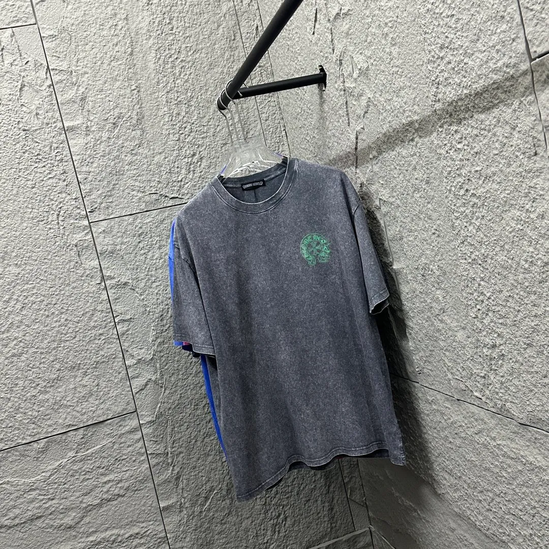 🅿️180 CH* Crow Heart* 2025 spring and summer new style Snowflake distressed washed retro round neck short sleeves Chest and front logo Horseshoe print Customized fabric Short-sleeved T-shirt Unisex Size: S M L XL XXL Color: Snowflake Black Snowflake Gray Snowflake Pink Snowflake Blue
